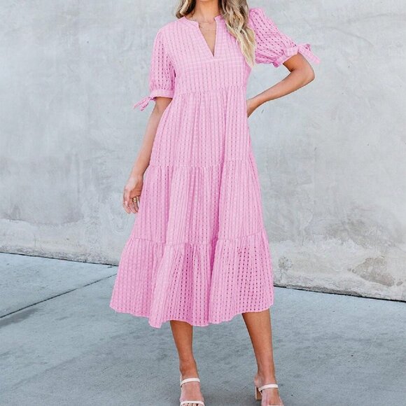 Pink Elegant Women's Casual V Neck Plaid Midi Maternity Dress - Picture 3 of 5